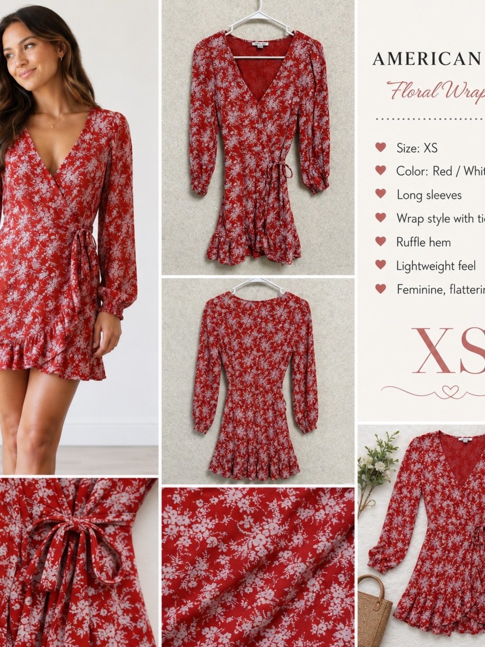 American Eagle Outfitters Red Floral Wrap Mini Dress